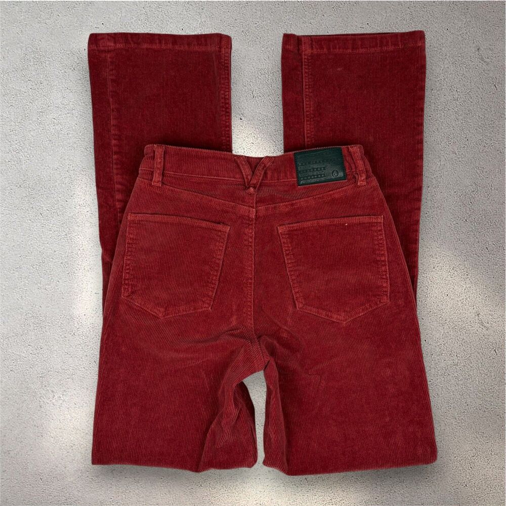 Volcom Stoned Bootleg Corduroy Pants Women's 25 Red High Rise Y2K Stretch EUC